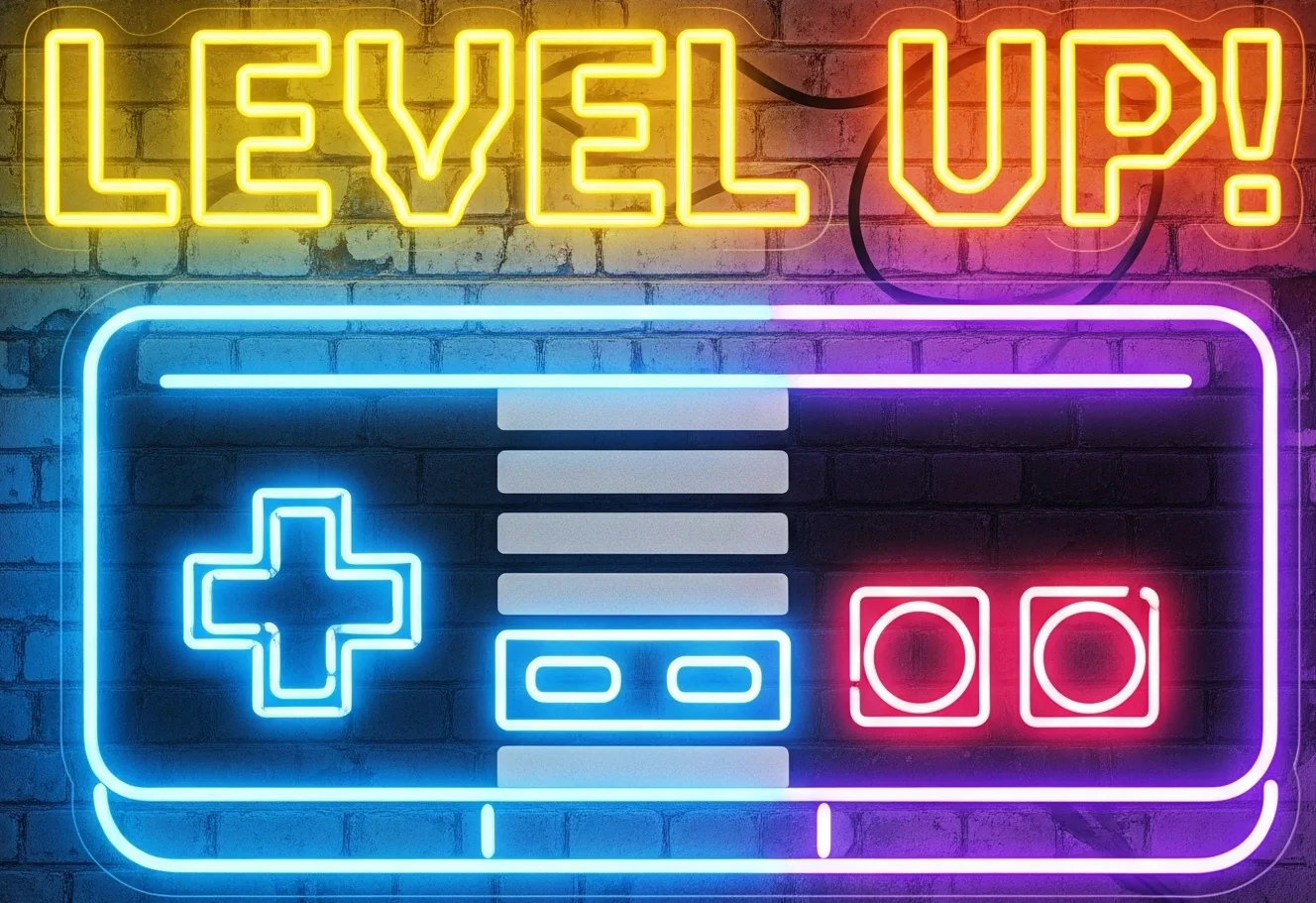 Neon sign of a game controller reading Level up